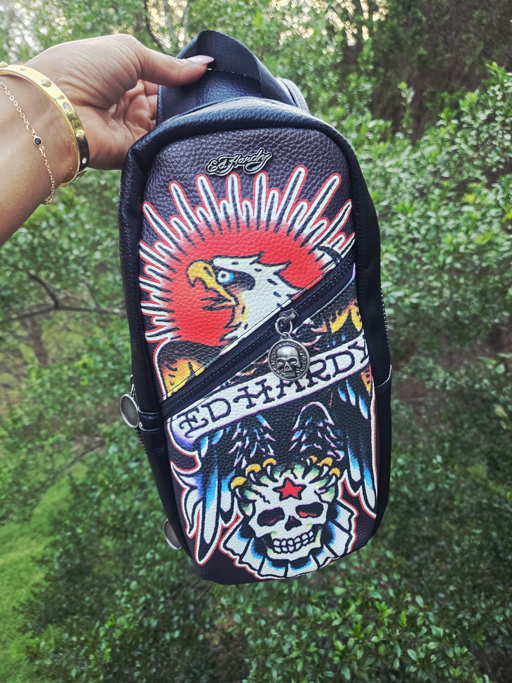 Ed Hardy Black Sling Bag with Red & Yellow Eagle Graphic